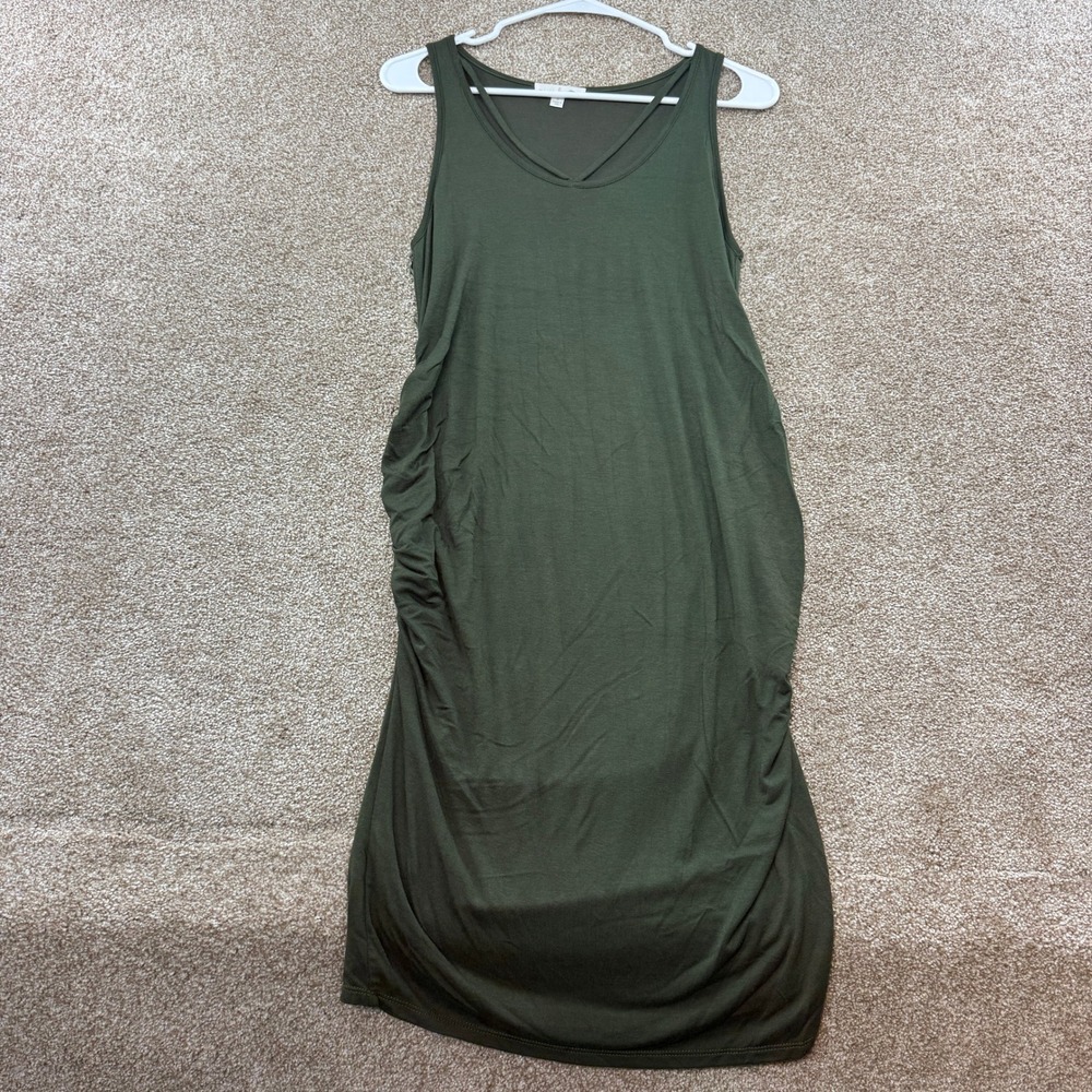 Nine Britton Womens Olive Green Side Ruched Sleeveless V-Neck Midi Dress Small